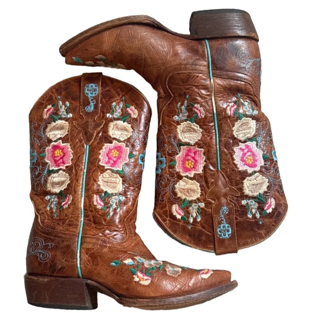 Macie Bean Girls Brown Leather Floral Embroidered Western Cowboy Boots Size 3